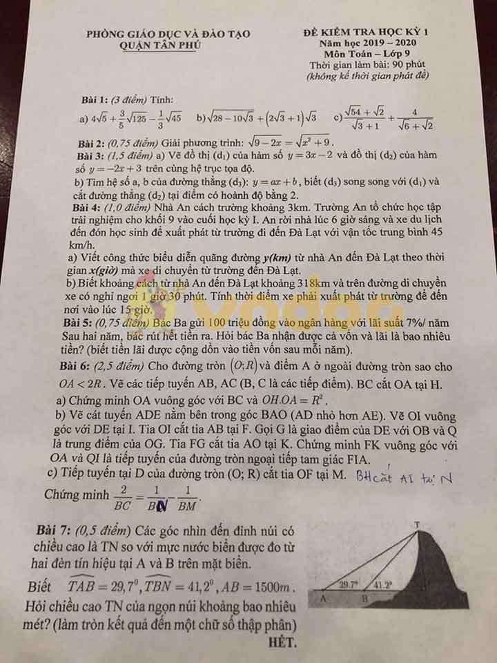 Đề thi học kì 1 lớp 9 môn Toán Phòng GD&ĐT quận Tân Phú năm học 2019 - 2020