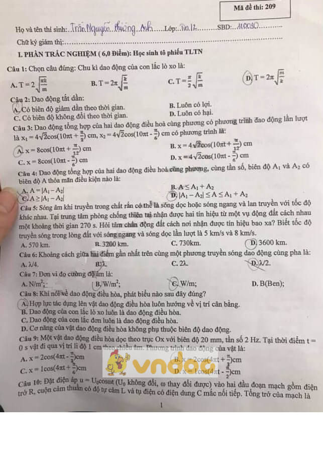 Đề thi học kì 1 lớp 12 môn Vật lý trường THPT Chuyên Thái Nguyên năm học 2019-2020