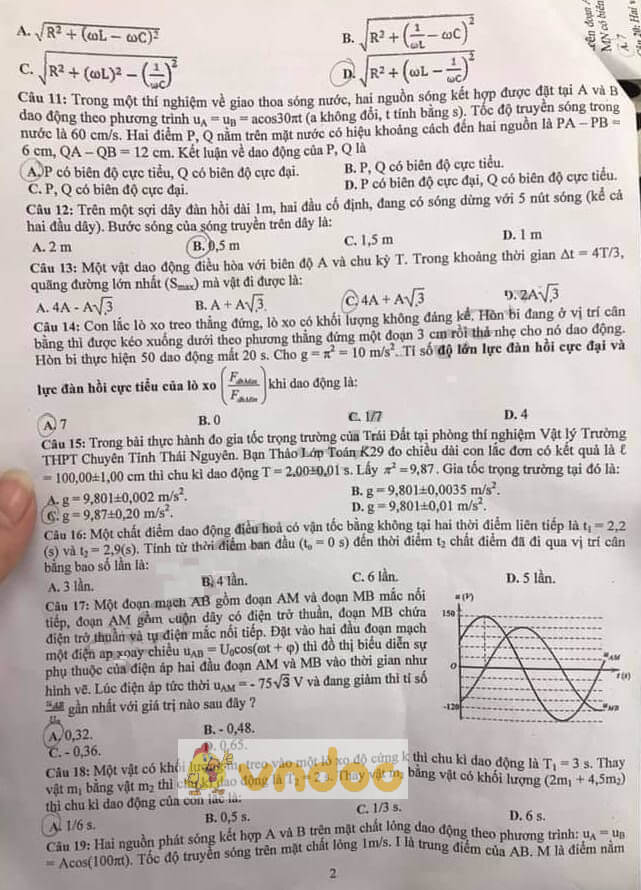 Đề thi học kì 1 lớp 12 môn Vật lý trường THPT Chuyên Thái Nguyên năm học 2019-2020