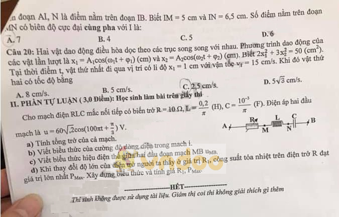 Đề thi học kì 1 lớp 12 môn Vật lý trường THPT Chuyên Thái Nguyên năm học 2019-2020