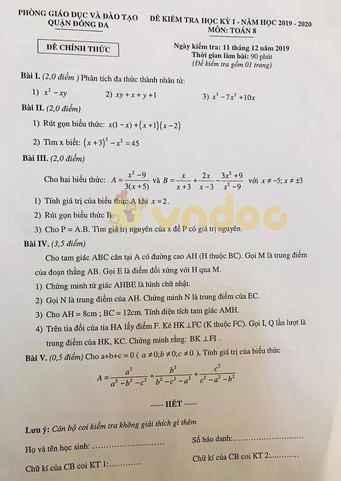 Đề thi học kì 1 lớp 8 môn Toán Phòng GD&ĐT Quận Đống Đa năm học 2019 - 2020