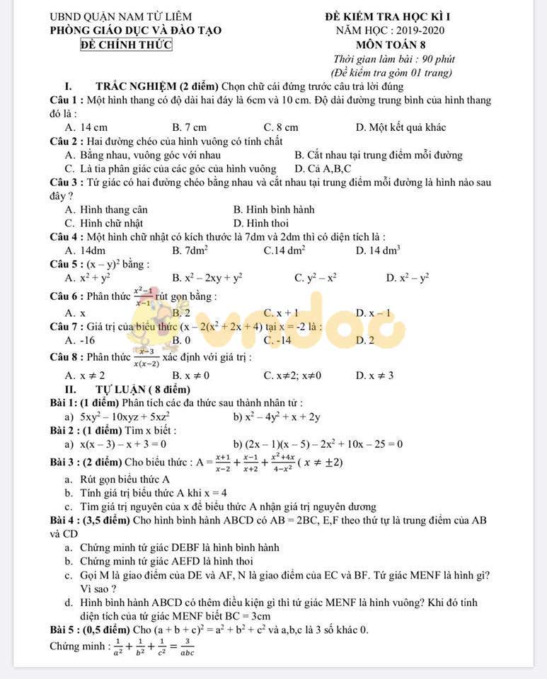 Đề thi học kì 1 lớp 8 môn Toán Phòng GD&ĐT quận Nam Từ Liêm năm học 2019 - 2020