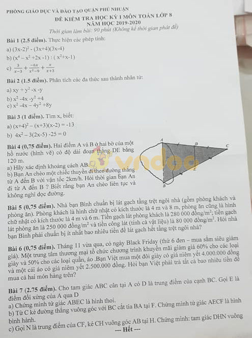 Đề thi học kì 1 lớp 8 môn Toán Phòng GD&ĐT Quận Phú Nhuận năm học 2019 - 2020