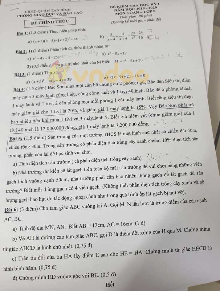 Đề thi học kì 1 lớp 8 môn Toán Phòng GD&ĐT quận Tân Bình năm học 2019 - 2020