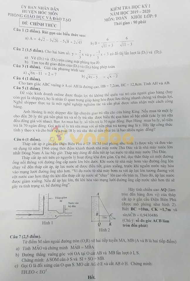 Đề thi học kì 1 lớp 9 môn Toán Phòng GD&ĐT huyện Hóc Môn năm học 2019 - 2020