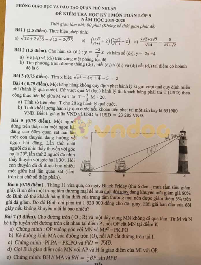 Đề thi học kì 1 lớp 9 môn Toán Phòng GD&ĐT quận Phú Nhuận năm học 2019 - 2020