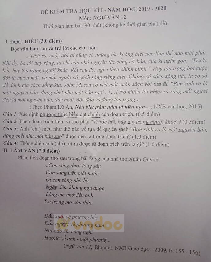 Đề thi học kì 1 lớp 12 môn Ngữ văn trường THPT Nguyễn Hữu Thọ, Long An năm học 2019-2020