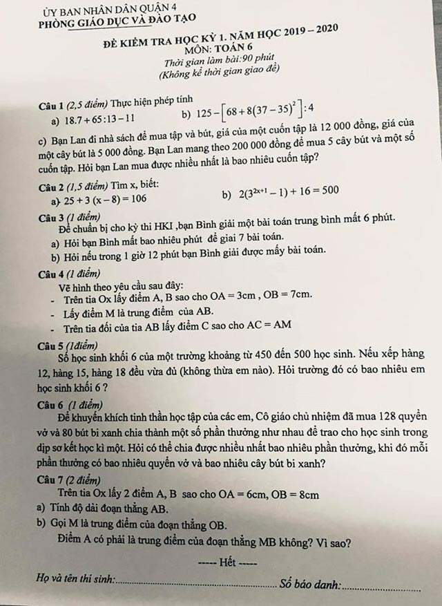 Đề thi học kì 1 lớp 6 môn Toán