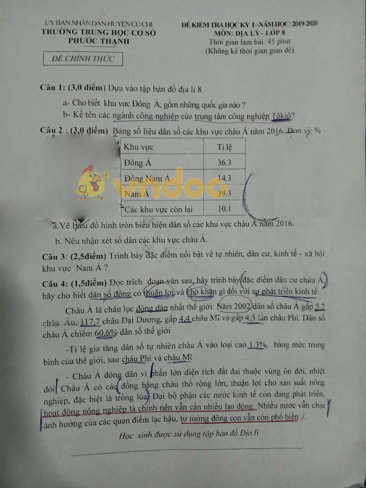 Đề thi học kì 1 lớp 8 môn Địa lý trường THCS Phước Thạnh, Củ Chi năm 2019 - 2020