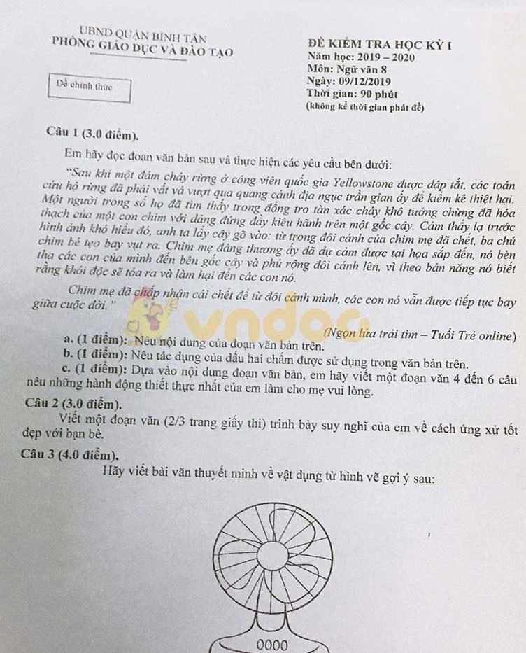 Đề thi học kì 1 lớp 8 môn Ngữ văn Phòng GD&ĐT quận Bình Tân năm học 2019 - 2020
