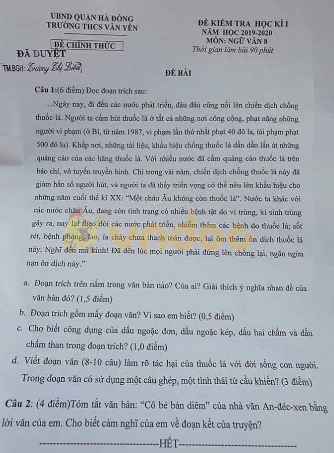Đề thi học kì 1 lớp 8 môn Ngữ văn Trường THCS Văn Yên, Hà Đông năm học 2019 - 2020