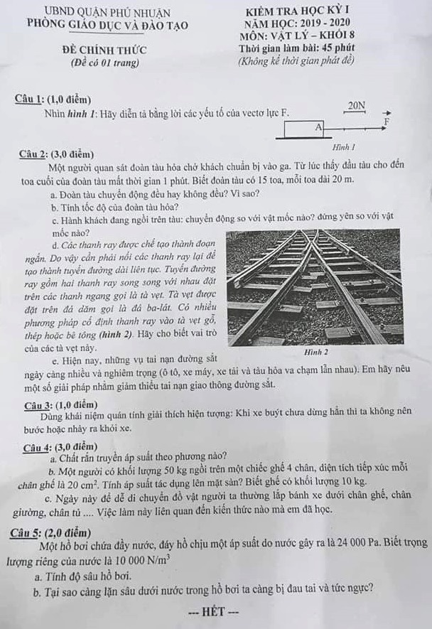 Đề thi học kì 1 lớp 8 môn Vật lý Phòng GD&ĐT quận Phú Nhuận năm học 2019 - 2020