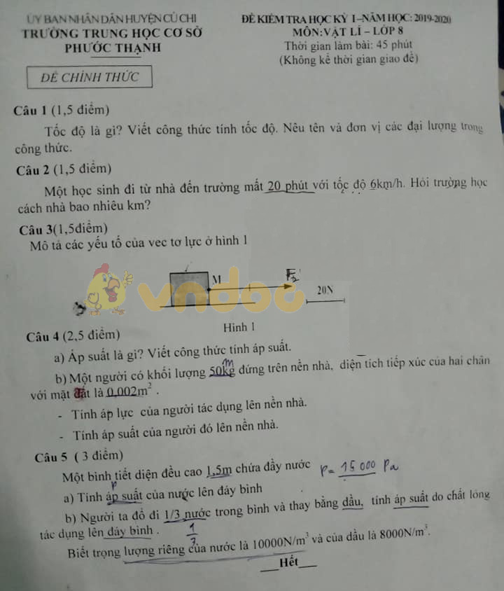Đề thi học kì 1 lớp 8 môn Vật lý trường THCS Phước Thạnh, Củ Chi năm học 2019 - 2020