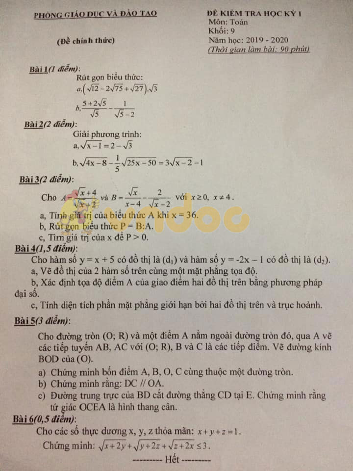 Đề thi học kì 1 lớp 9 môn Toán Phòng GD&ĐT huyện Đông Anh năm học 2019 - 2020