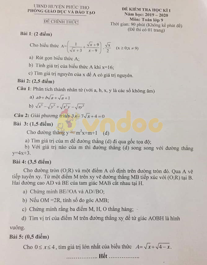 Đề thi học kì 1 lớp 9 môn Toán Phòng GD&ĐT huyện Phúc Thọ năm học 2019 - 2020