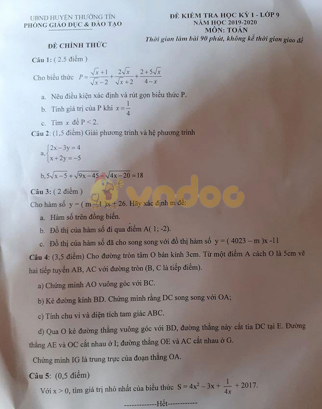 Đề thi học kì 1 lớp 9 môn Toán Phòng GD&ĐT huyện Thường Tín năm học 2019 - 2020