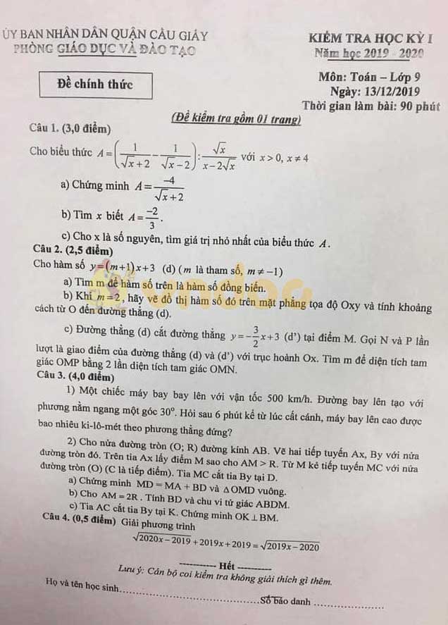 Đề thi học kì 1 lớp 9 môn Toán Phòng GD&ĐT quận Cầu Giấy năm học 2019 - 2020