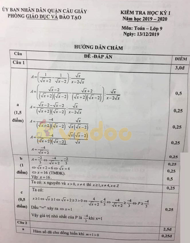 Đề thi học kì 1 lớp 9 môn Toán Phòng GD&ĐT quận Cầu Giấy năm học 2019 - 2020