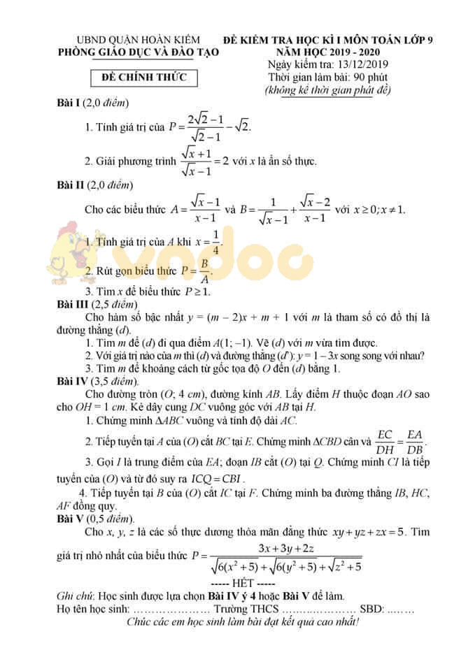 Đề thi học kì 1 lớp 9 môn Toán Phòng GD&ĐT quận Hoàn Kiếm năm học 2019 - 2020