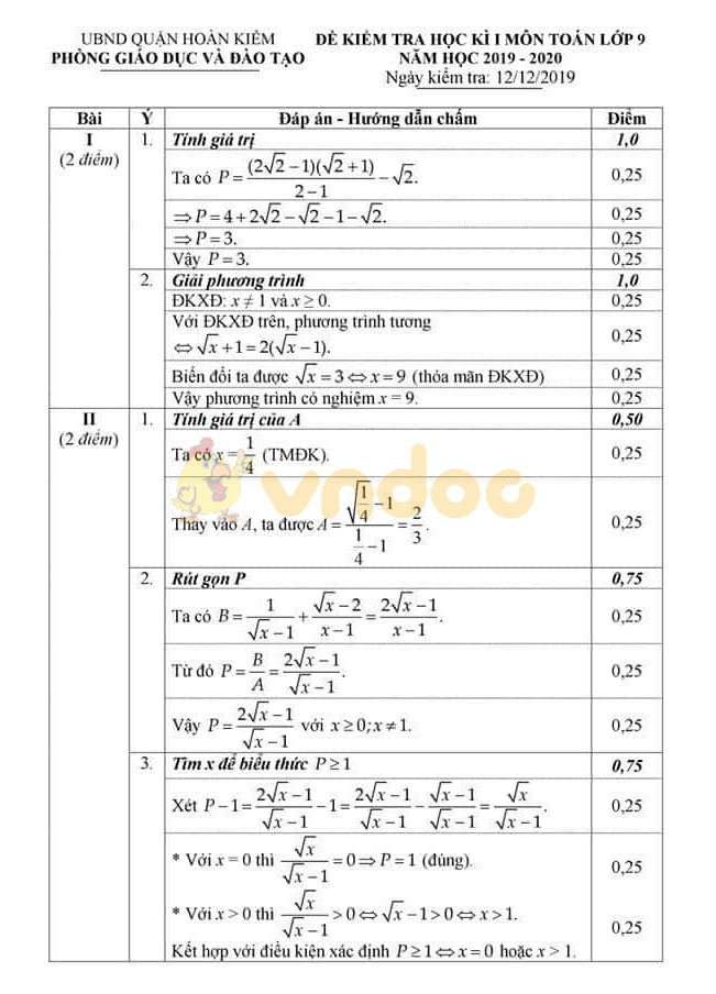 Đề thi học kì 1 lớp 9 môn Toán Phòng GD&ĐT quận Hoàn Kiếm năm học 2019 - 2020