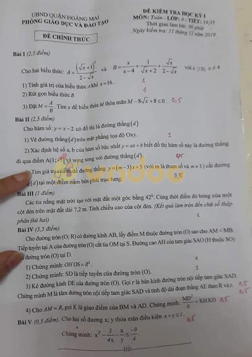 Đề thi học kì 1 lớp 9 môn Toán Phòng GD&ĐT quận Hoàng Mai năm học 2019 - 2020