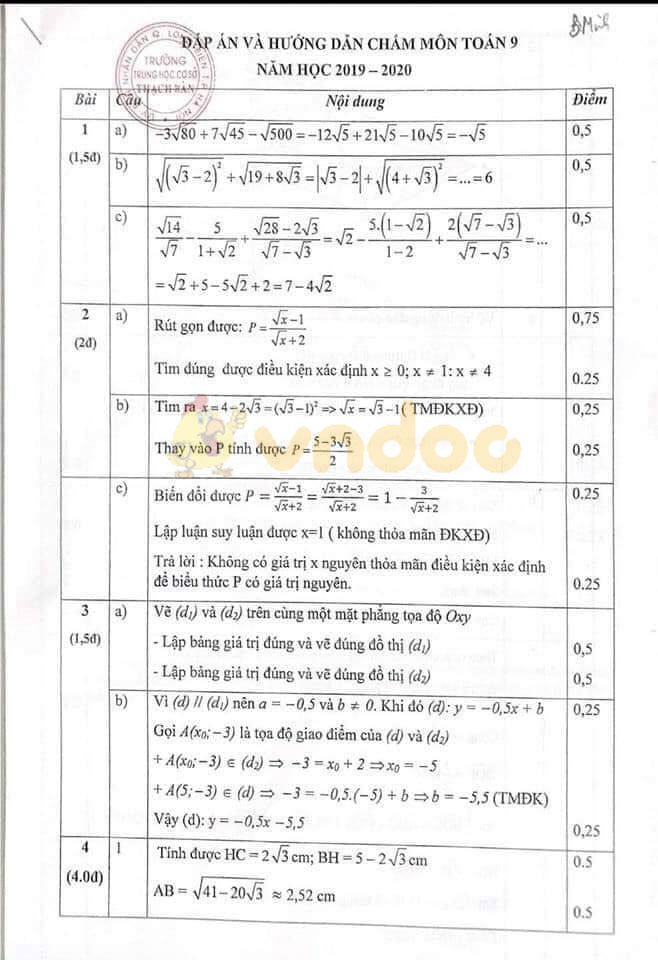 Đề thi học kì 1 lớp 9 môn Toán Phòng GD&ĐT quận Long Biên năm học 2019 - 2020