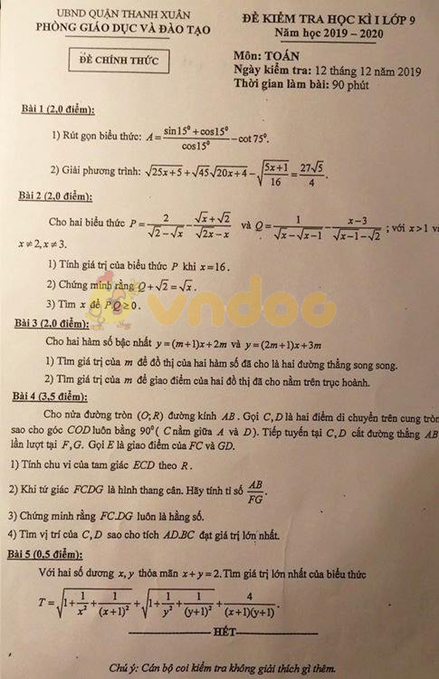 Đề thi học kì 1 lớp 9 môn Toán Phòng GD&ĐT quận Thanh Xuân năm học 2019 - 2020