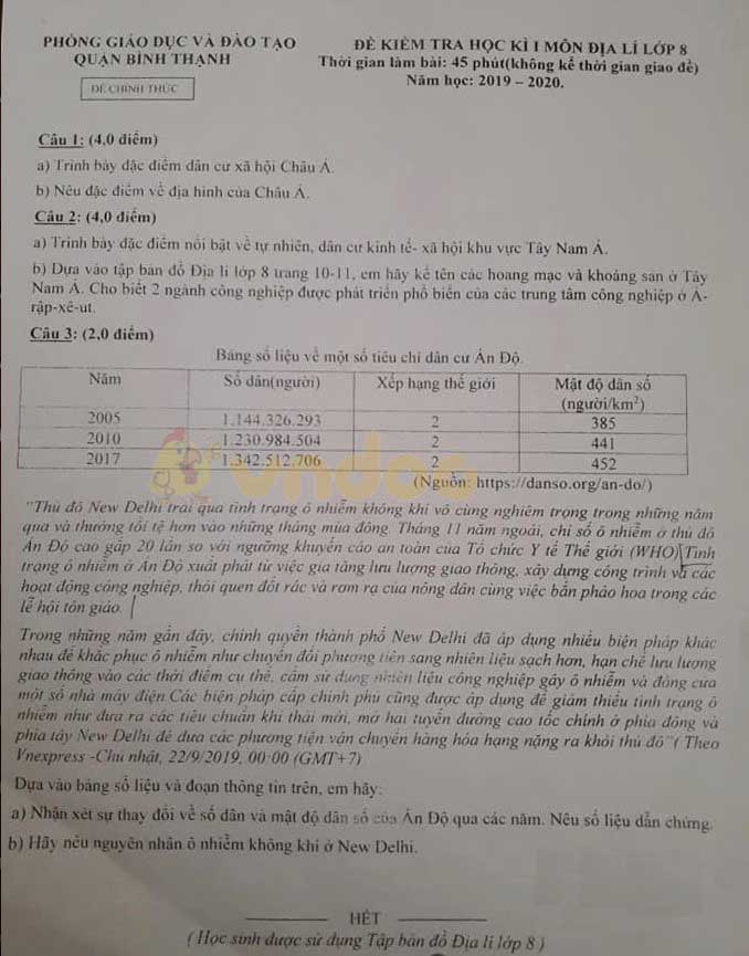Đề thi học kì 1 lớp 8 môn Địa lý Phòng GD&ĐT quận Bình Thạnh năm 2019 - 2020