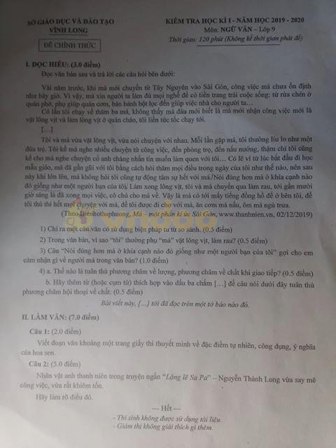 Đề thi học kì 1 lớp 9 môn Ngữ văn Sở GD&ĐT Vĩnh Long năm học 2019 - 2020