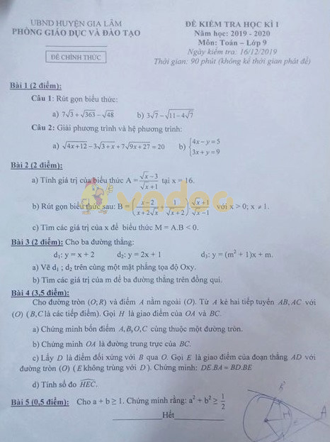 Đề thi học kì 1 lớp 9 môn Toán Phòng GD&ĐT huyện Gia Lâm năm học 2019 - 2020