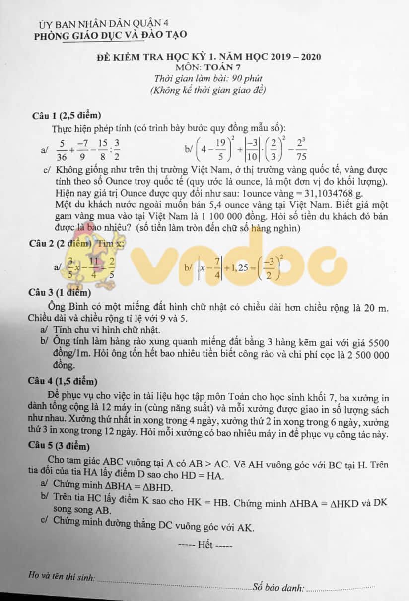 Đề kiểm tra học kì 1 môn Toán 7 năm 2019