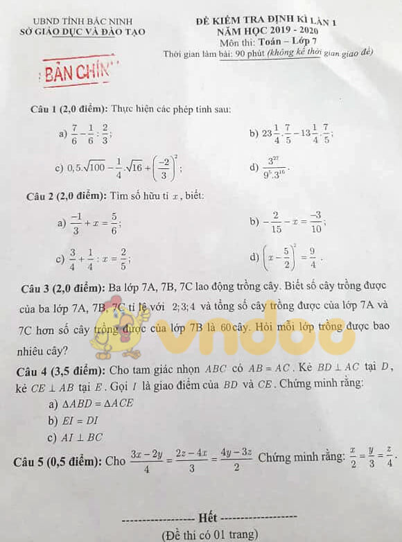 Đề kiểm tra học kì 1 môn Toán 7 năm 2019