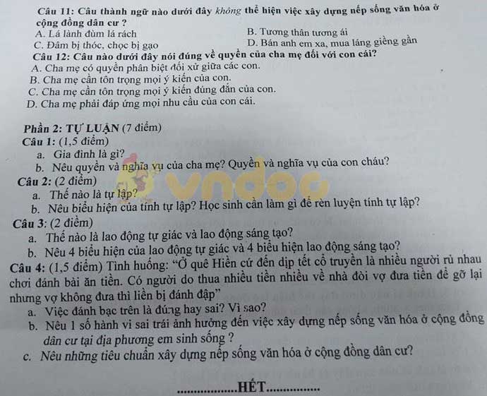 Đề thi học kì 1 lớp 8 môn GDCD trường THCS Chánh Phú Hòa, Bến Cát năm 2019 - 2020