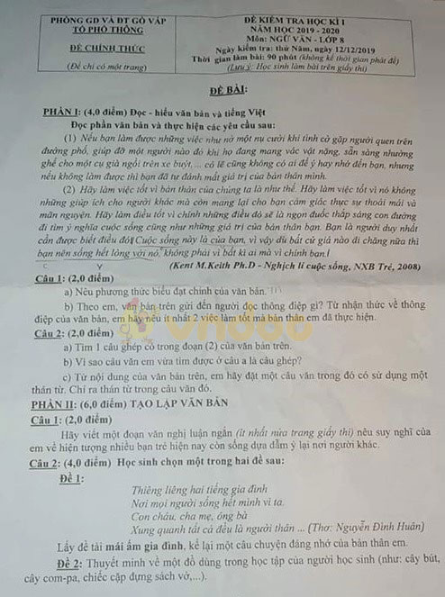 Đề thi học kì 1 lớp 8 môn Ngữ văn Phòng GD&ĐT quận Gò Vấp năm học 2019 - 2020
