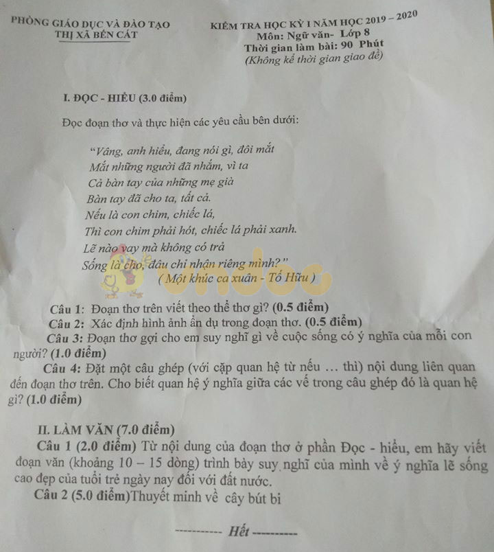 Đề thi học kì 1 lớp 8 môn Ngữ văn Phòng GD&ĐT thị xã Bến Cát, Bình Dương năm học 2019 - 2020