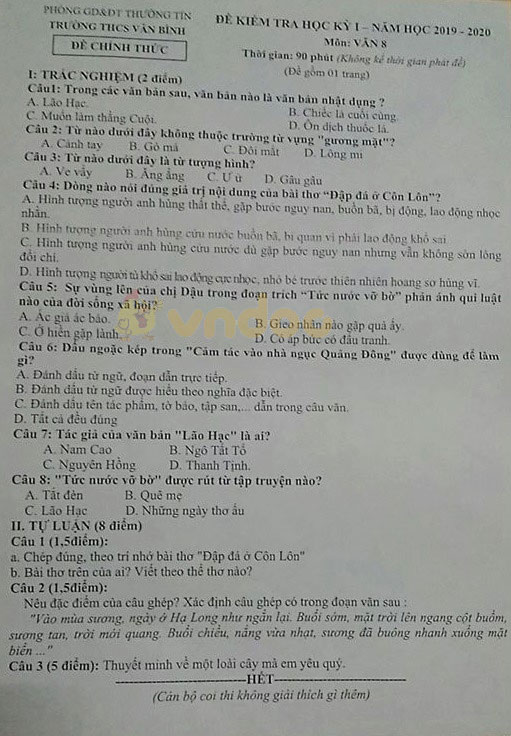 Đề thi học kì 1 lớp 8 môn Ngữ văn Trường THCS Văn Bình, Thường Tín năm học 2019 - 2020
