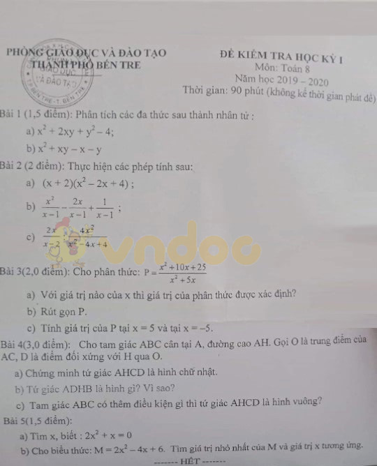 Đề thi học kì 1 lớp 8 môn Toán Phòng GD&ĐT Bến Tre năm học 2019 - 2020