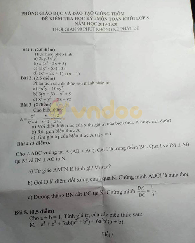 Đề thi học kì 1 lớp 8 môn Toán Phòng GD&ĐT Giồng Trôm, Bến Tre năm học 2019 - 2020