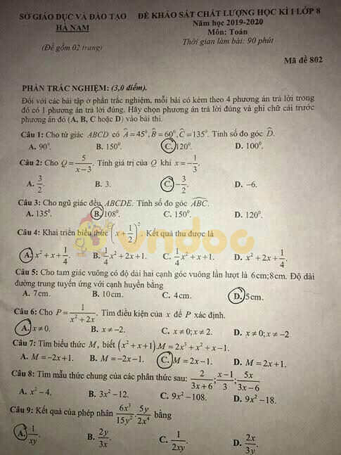 Đề thi học kì 1 lớp 8 môn Toán Sở GD&ĐT Hà Nam năm học 2019 - 2020