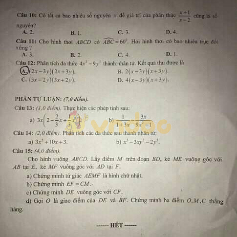 Đề thi học kì 1 lớp 8 môn Toán Sở GD&ĐT Hà Nam năm học 2019 - 2020