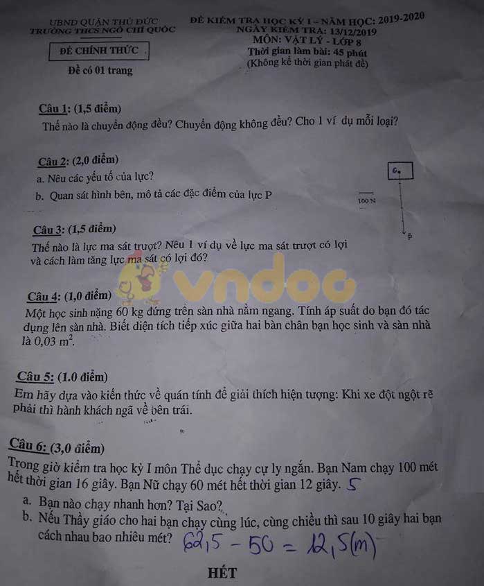 Đề thi học kì 1 lớp 8 môn Vật lý Trường THCS Ngô Chí Quốc, quận Thủ Đức năm học 2019 - 2020