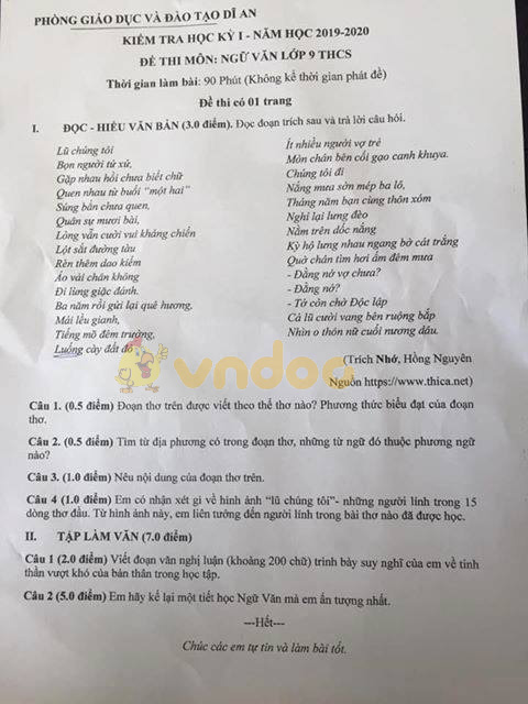 Đề thi học kì 1 lớp 9 môn Ngữ văn Phòng GD&ĐT Dĩ An năm học 2019 - 2020