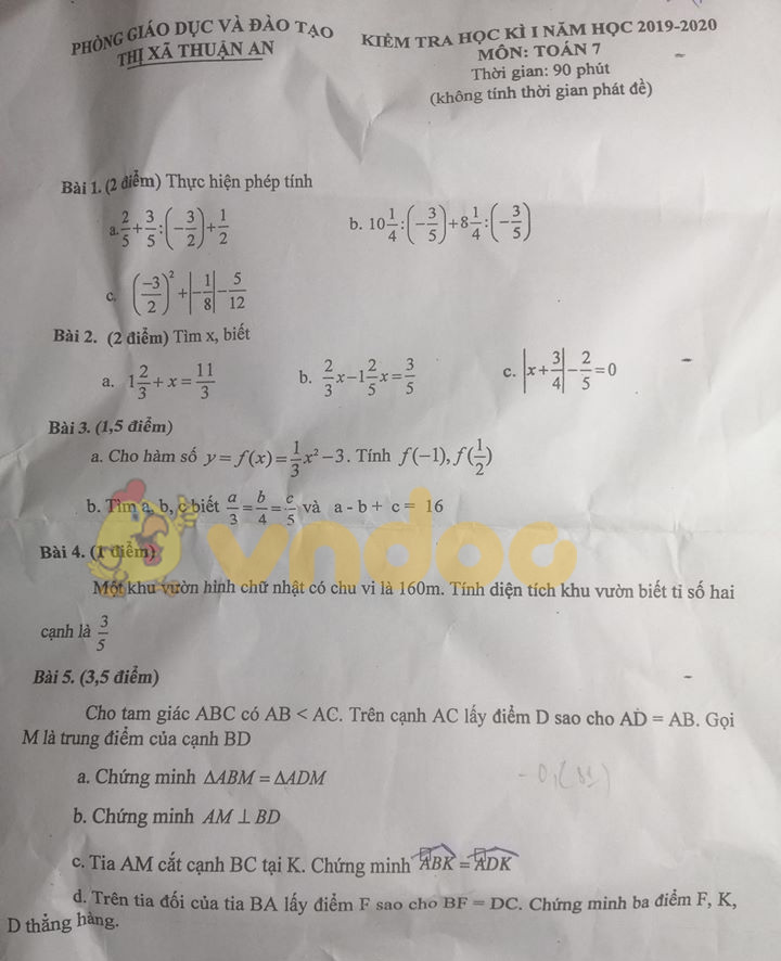Đề kiểm tra học kì 1 môn Toán 7 năm 2019