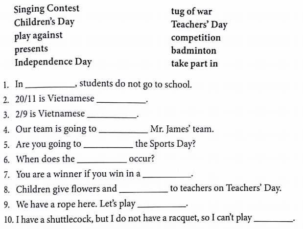 Bài tập từ vựng tiếng Anh lớp 5 Unit 10 When will Sports Day be?