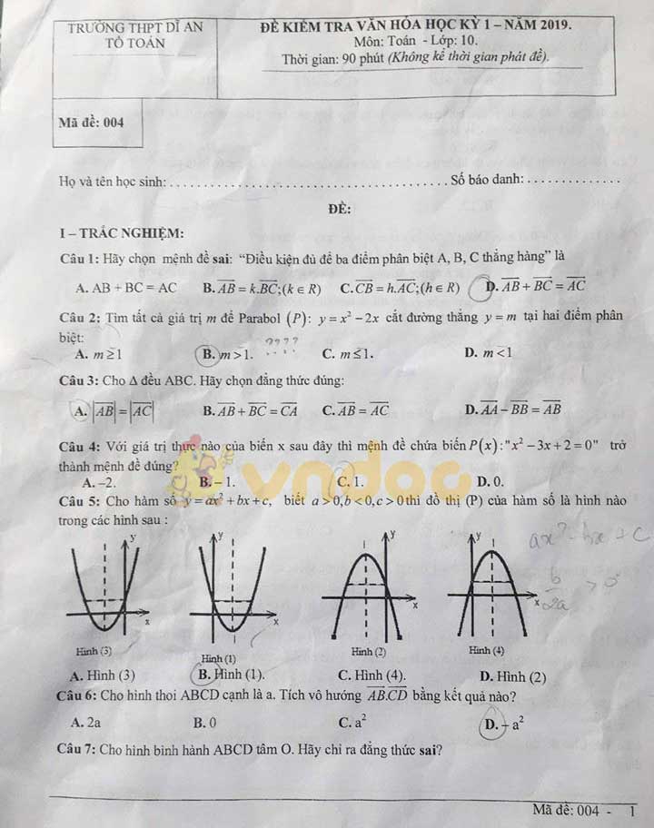 Đề thi học kì 1 lớp 10 môn Toán Trường THPT Dĩ An năm học 2019 - 2020