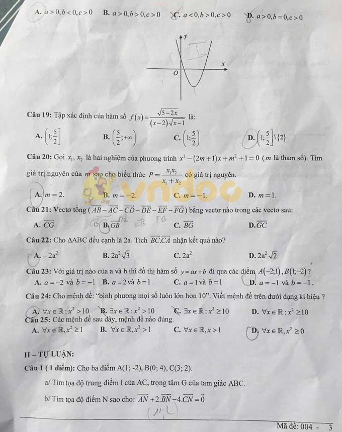 Đề thi học kì 1 lớp 10 môn Toán Trường THPT Dĩ An năm học 2019 - 2020