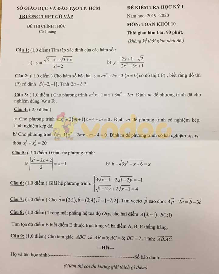 Đề thi học kì 1 lớp 10 môn Toán Trường THPT Gò Vấp, TP HCM năm học 2019 - 2020