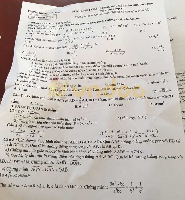 Đề thi học kì 1 lớp 8 môn Toán Phòng GD&ĐT Hải Hậu năm học 2019 - 2020