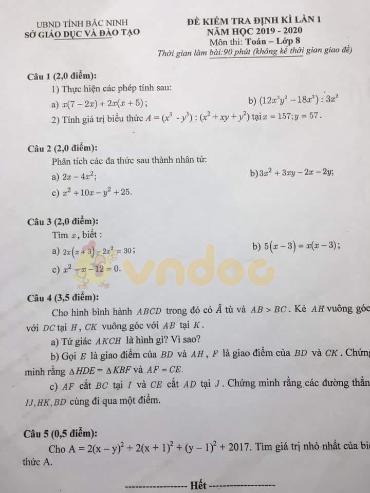 Đề thi học kì 1 lớp 8 môn Toán Sở GD&ĐT Bắc Ninh năm học 2019 - 2020