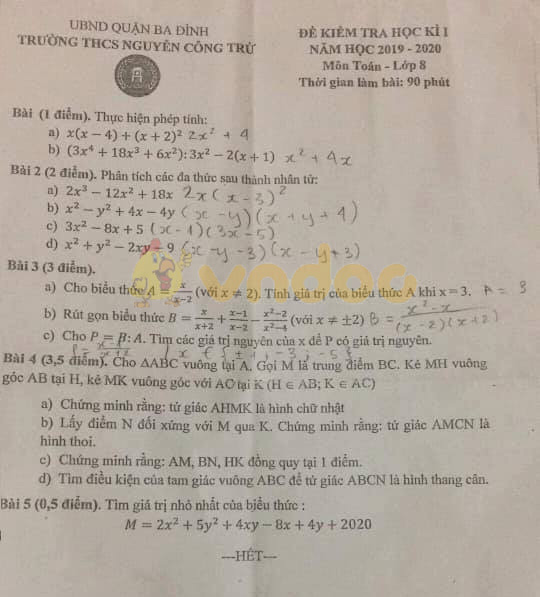 Đề thi học kì 1 lớp 8 môn Toán Trường THCS Nguyễn Công Trứ, Ba Đình năm học 2019 - 2020